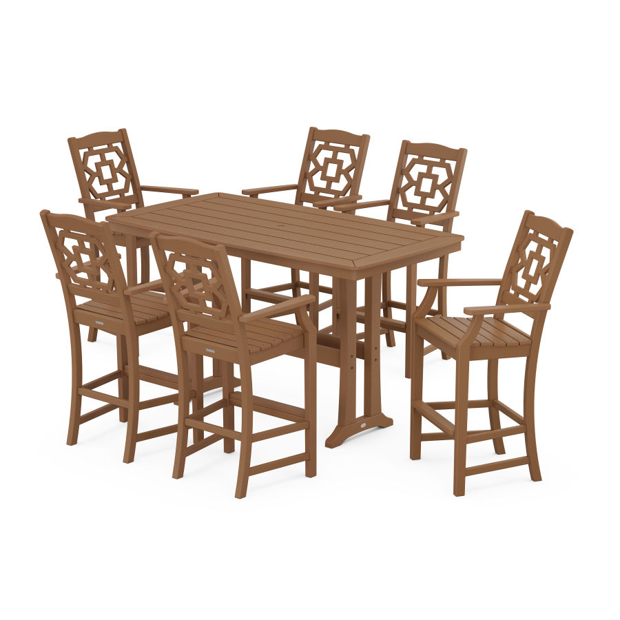 POLYWOOD Chinoiserie Arm Chair 7-Piece Bar Set with Trestle Legs in Teak