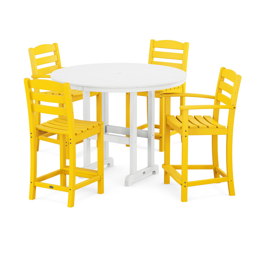 POLYWOOD La Casa Café 5-Piece Round Farmhouse Counter Dining Set in Lemon / White