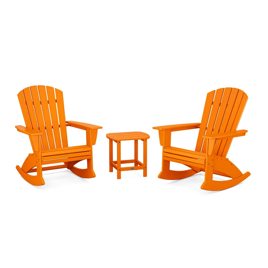 POLYWOOD Nautical Curveback 3-Piece Adirondack Rocking Chair Set in Tangerine