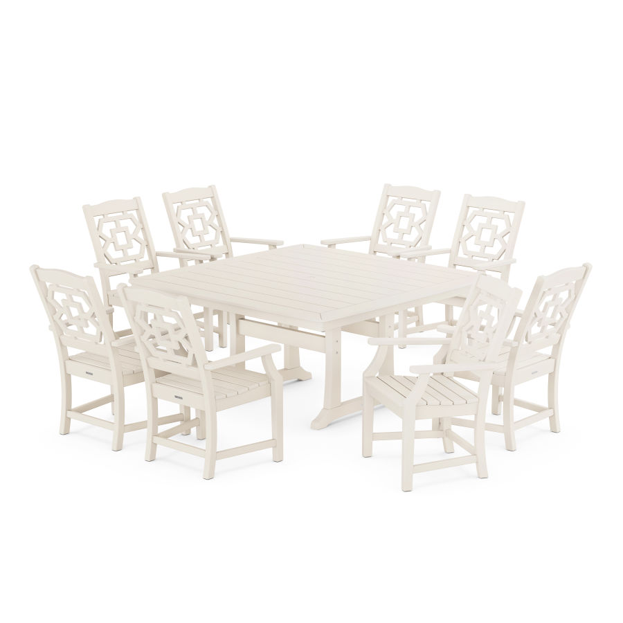 POLYWOOD Chinoiserie 9-Piece Square Dining Set with Trestle Legs in Sand