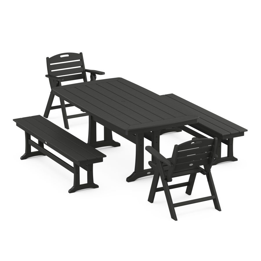 POLYWOOD Nautical Folding Lowback Chair 5-Piece Dining Set with Trestle Legs and Benches in Black