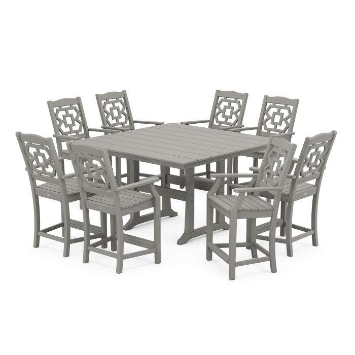 POLYWOOD Chinoiserie 9-Piece Square Farmhouse Counter Set with Trestle Legs