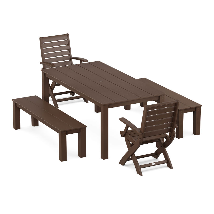 POLYWOOD Signature Folding Chair 5-Piece Parsons Dining Set with Benches in Mahogany