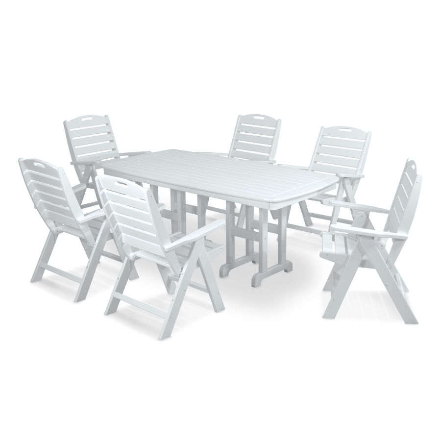 POLYWOOD Nautical Folding Highback Chair 7-Piece Dining Set in White