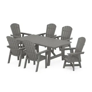 POLYWOOD Nautical Curveback Adirondack Swivel Chair 7-Piece Rustic Farmhouse Dining Set