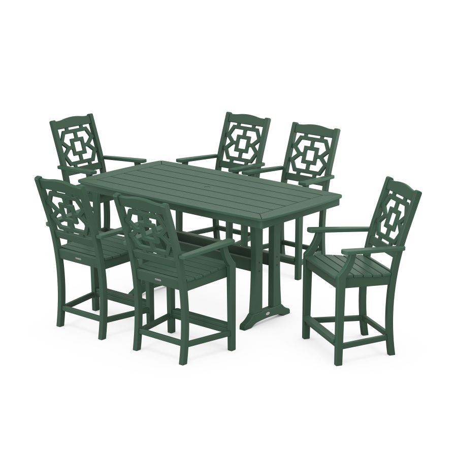 POLYWOOD Chinoiserie Arm Chair 7-Piece Counter Set with Trestle Legs in Green