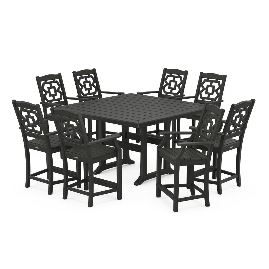 POLYWOOD Chinoiserie 9-Piece Square Counter Set with Trestle Legs in Black