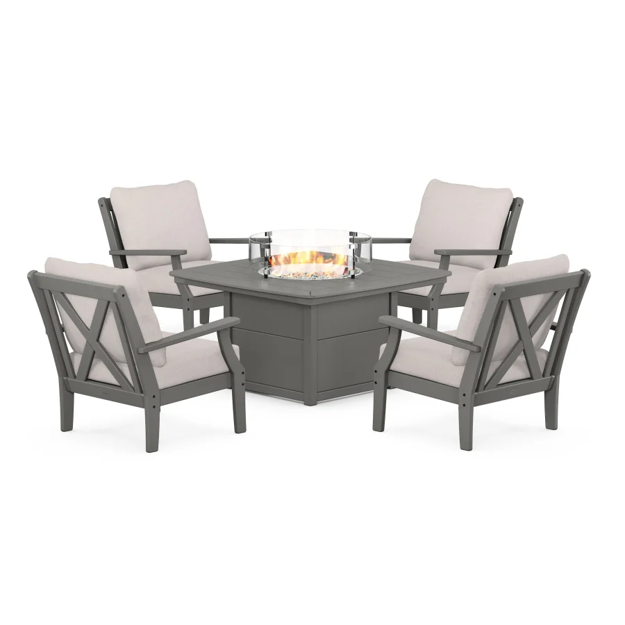 POLYWOOD Braxton 5-Piece Deep Seating Conversation Set with Fire Pit Table