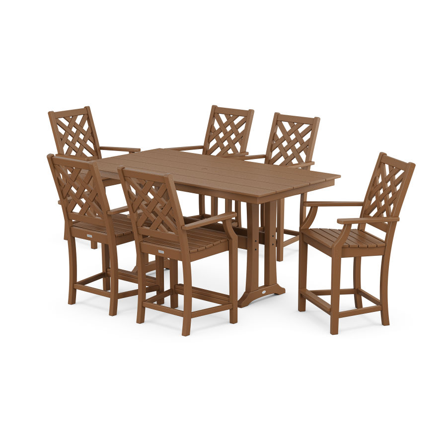 POLYWOOD Wovendale Arm Chair 7-Piece Farmhouse Counter Set with Trestle Legs in Teak