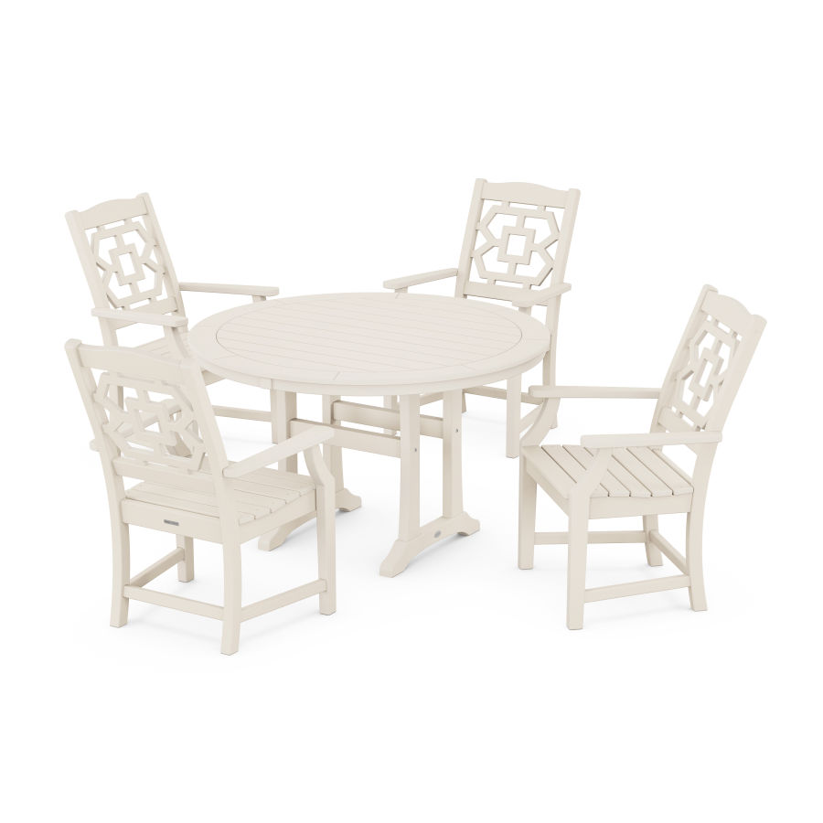 POLYWOOD Chinoiserie 5-Piece Round Dining Set with Trestle Legs in Sand