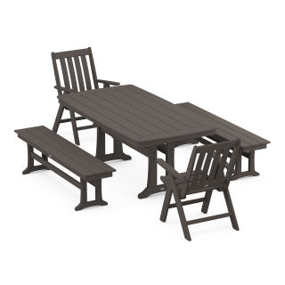 Vineyard Folding Chair 5-Piece Dining Set with Trestle Legs and Benches in Vintage Finish