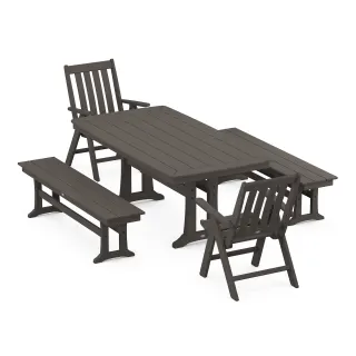 POLYWOOD Vineyard Folding Chair 5-Piece Dining Set with Trestle Legs and Benches in Vintage Finish