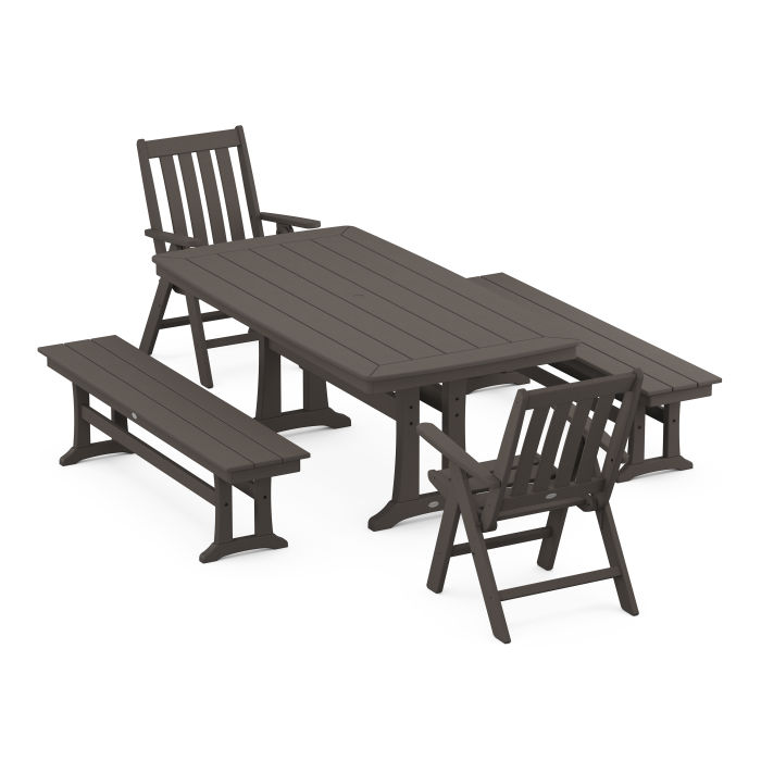 POLYWOOD Vineyard Folding Chair 5-Piece Dining Set with Trestle Legs and Benches in Vintage Finish