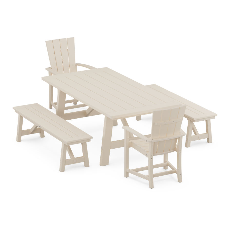 POLYWOOD Quattro 5-Piece Rustic Farmhouse Dining Set With Trestle Legs in Sand