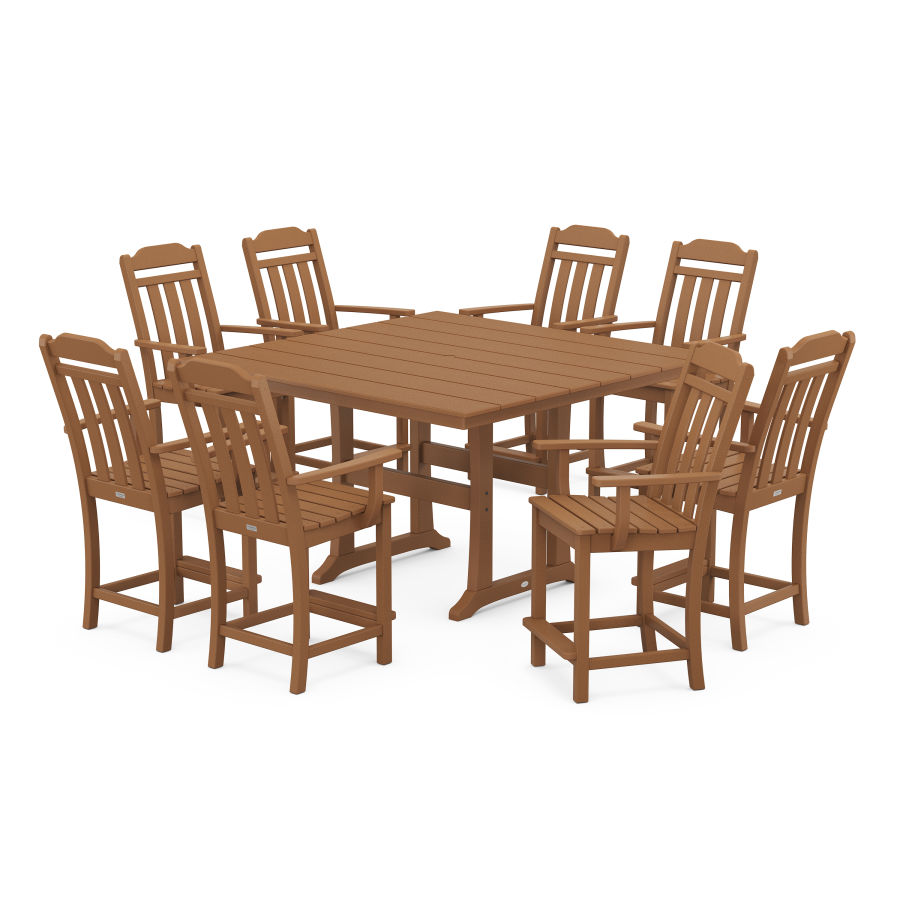 POLYWOOD Country Living 9-Piece Square Farmhouse Counter Set with Trestle Legs in Teak
