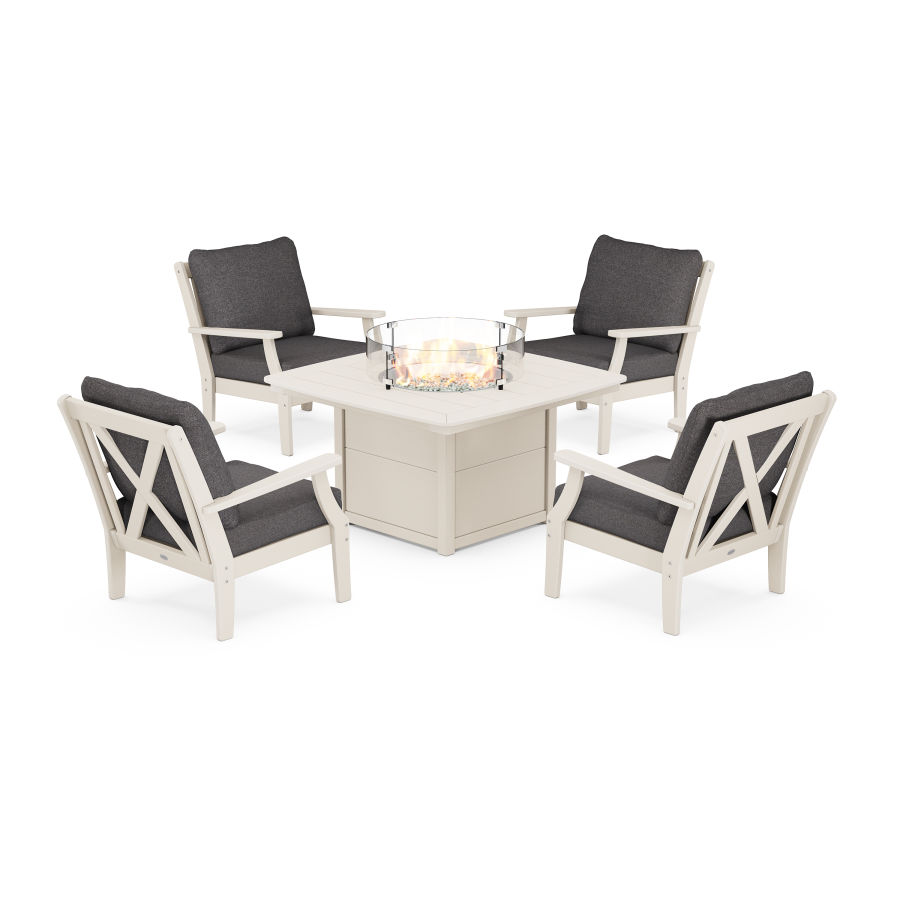 POLYWOOD Braxton 5-Piece Deep Seating Conversation Set with Fire Pit Table in Sand / Ash Charcoal