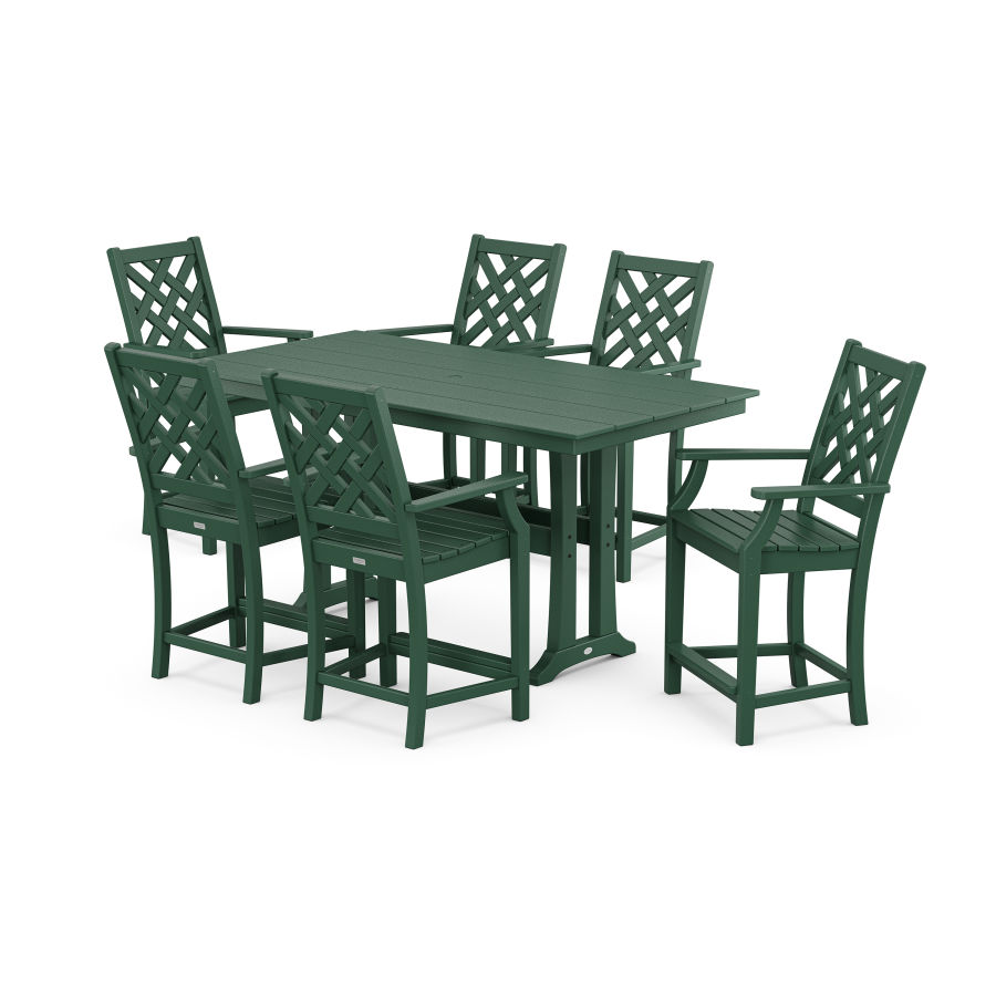 POLYWOOD Wovendale Arm Chair 7-Piece Farmhouse Counter Set with Trestle Legs in Green