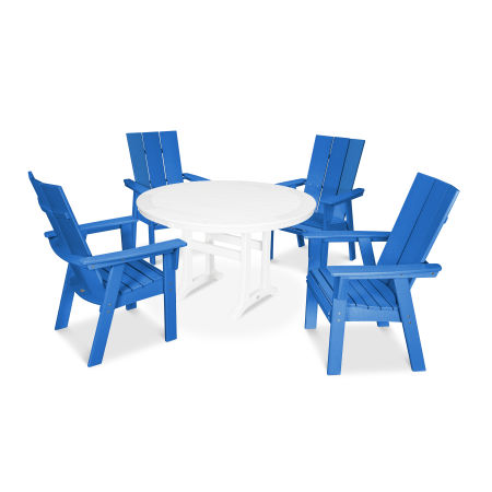 Modern Curveback Adirondack 5-Piece Nautical Trestle Dining Set in Pacific Blue / White