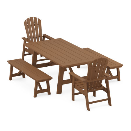 POLYWOOD South Beach 5-Piece Rustic Farmhouse Dining Set With Trestle Legs in Teak