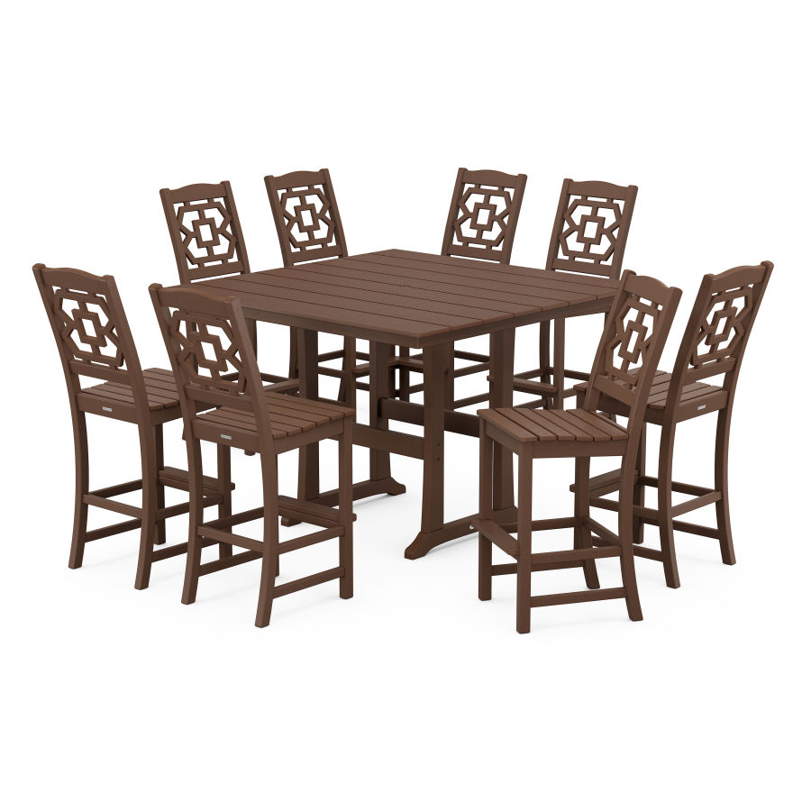 POLYWOOD Chinoiserie 9-Piece Square Farmhouse Side Chair Bar Set with Trestle Legs in Mahogany
