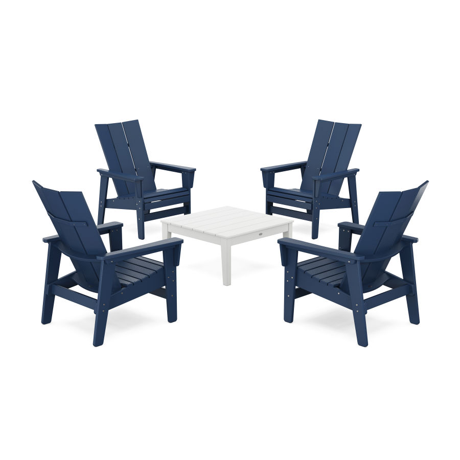 POLYWOOD 5-Piece Modern Grand Upright Adirondack Chair Conversation Group in Navy / White