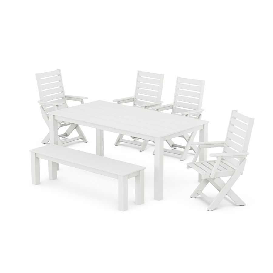 POLYWOOD Captain Folding Chair 6-Piece Parsons Dining Set with Bench in White
