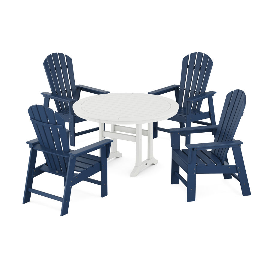 POLYWOOD South Beach 5-Piece Round Dining Set with Trestle Legs in Navy / White
