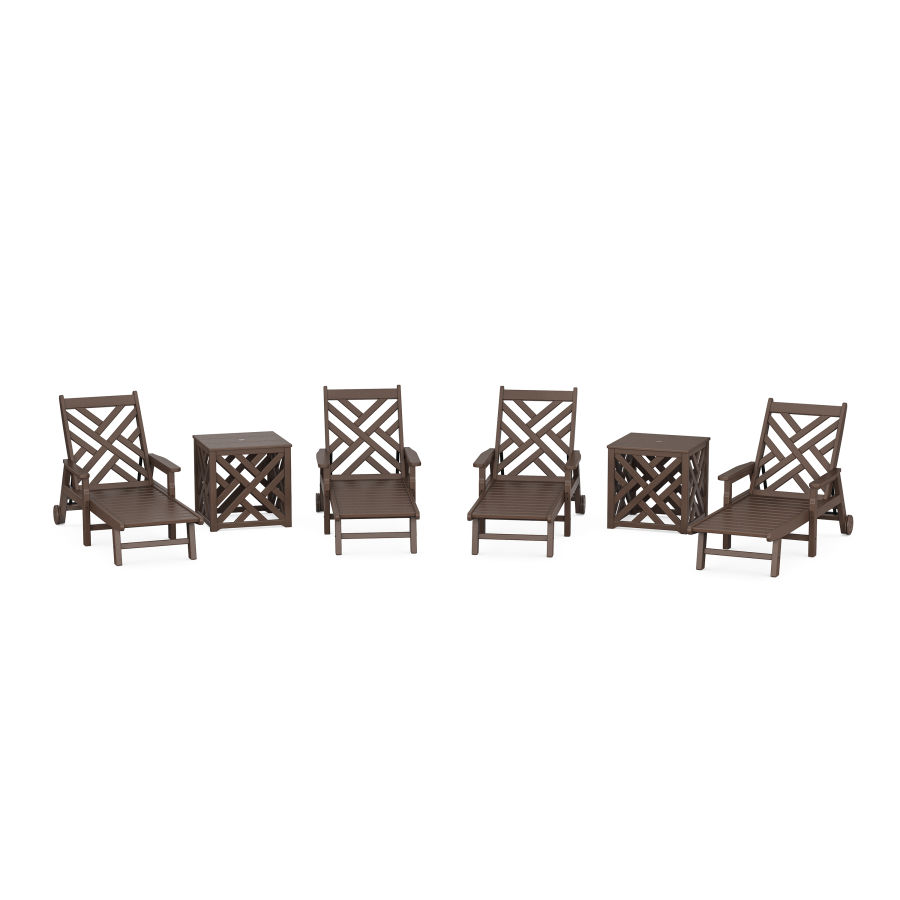 POLYWOOD Chippendale 6-Piece Chaise Set with Umbrella Stand Accent Table in Mahogany