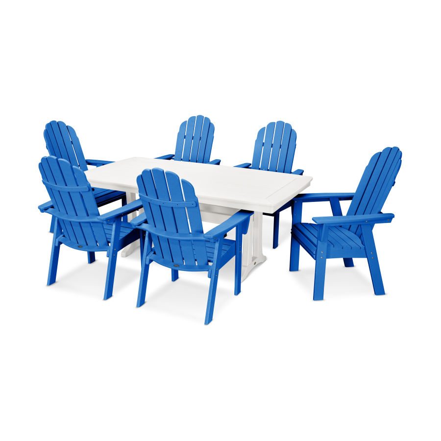 POLYWOOD Vineyard Curveback Adirondack 7-Piece Dining Set with Trestle Legs in Pacific Blue / White