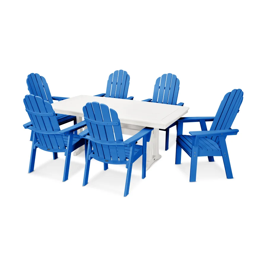 POLYWOOD Vineyard Curveback Adirondack 7-Piece Dining Set with Trestle Legs in Pacific Blue / White