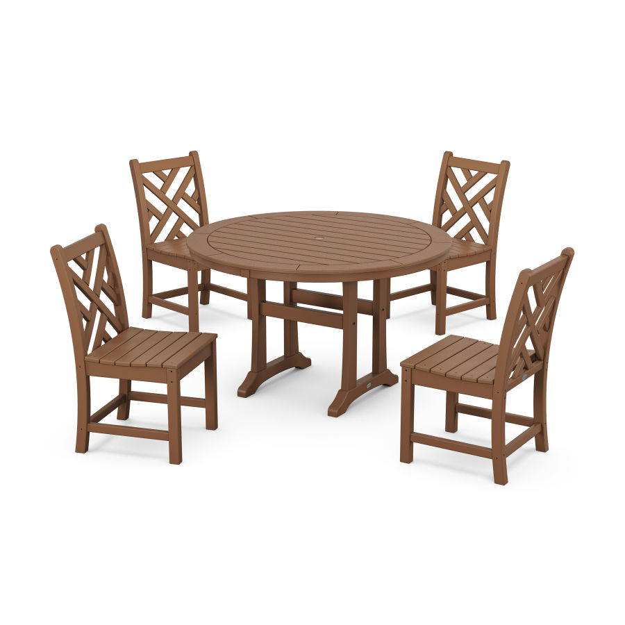 POLYWOOD Chippendale Side Chair 5-Piece Round Dining Set With Trestle Legs in Teak