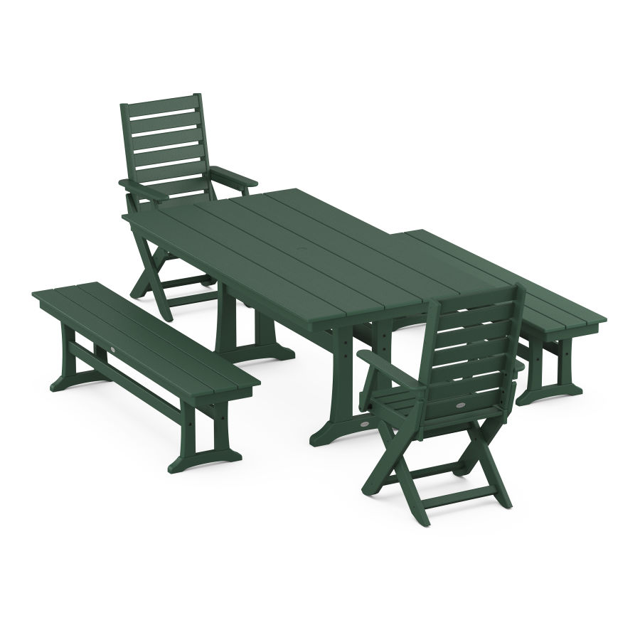 POLYWOOD Captain Folding Chair 5-Piece Farmhouse Dining Set With Trestle Legs in Green