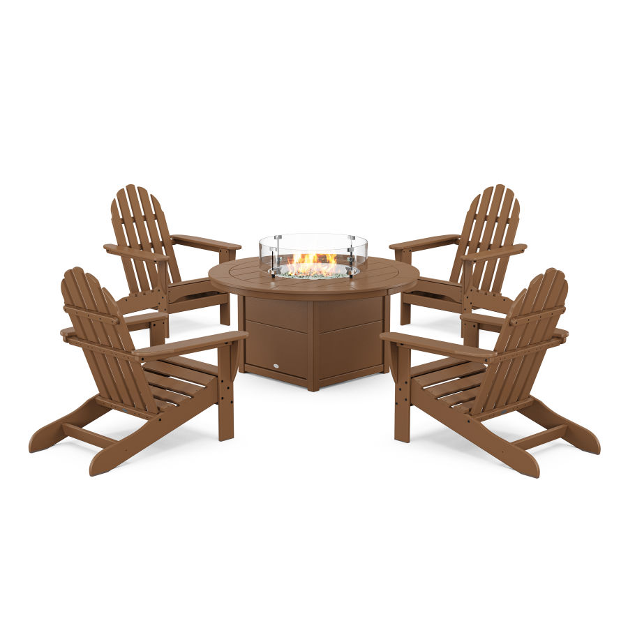 POLYWOOD Classic Adirondack 5-Piece Conversation Set with Fire Pit Table in Teak