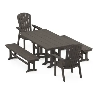 POLYWOOD Nautical Curveback Adirondack 5-Piece Farmhouse Dining Set with Benches in Vintage Finish