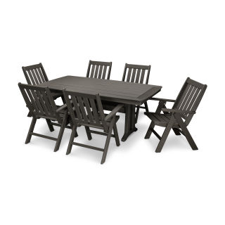 POLYWOOD Vineyard Folding Chair 7-Piece Nautical Dining Set with Trestle Legs in Vintage Finish