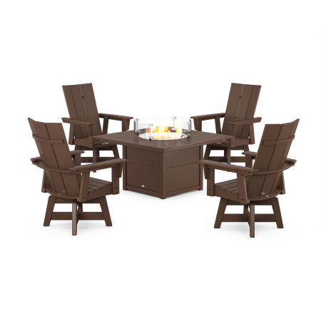 Modern 4-Piece Curveback Upright Adirondack Conversation Set with Fire Pit Table in Mahogany
