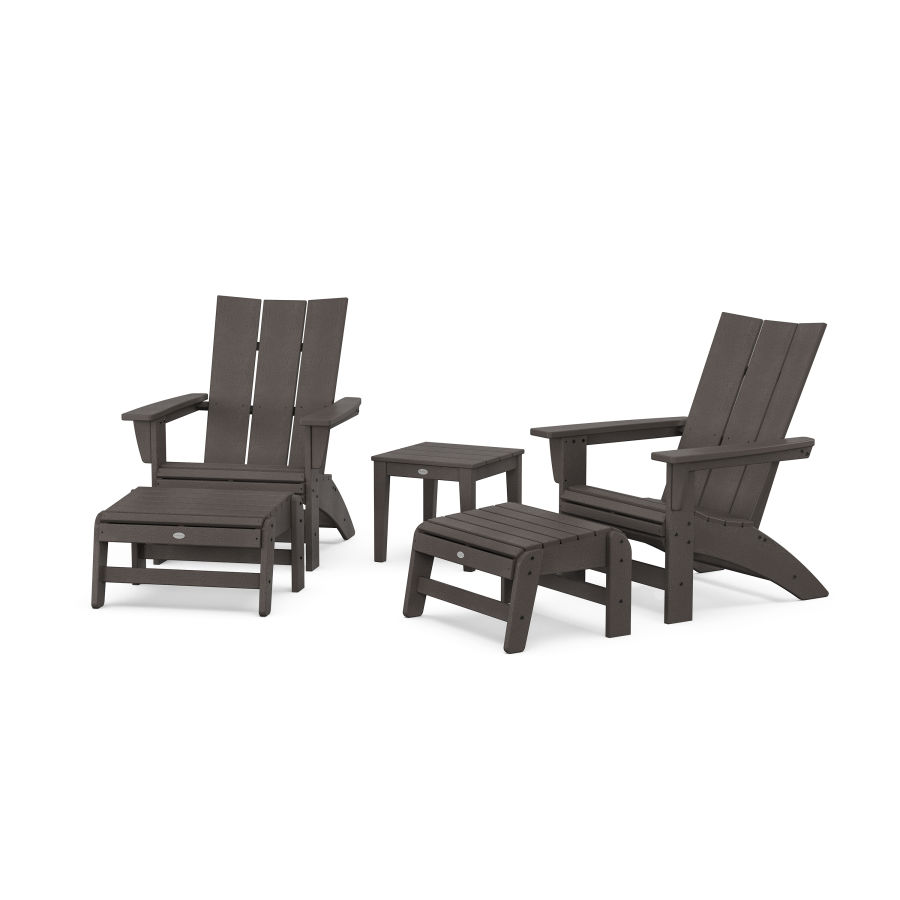 POLYWOOD 5-Piece Modern Grand Adirondack Set with Ottomans and Side Table in Vintage Coffee