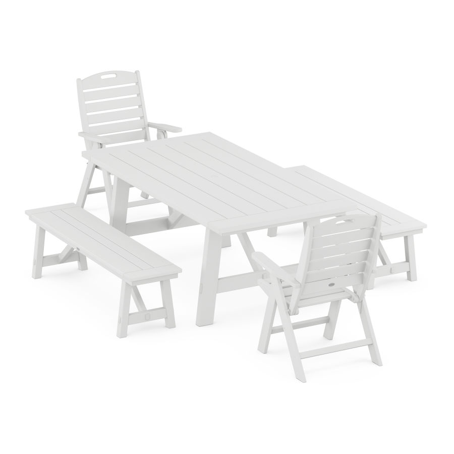 POLYWOOD Nautical Folding Highback Chair 5-Piece Rustic Farmhouse Dining Set With Benches in White