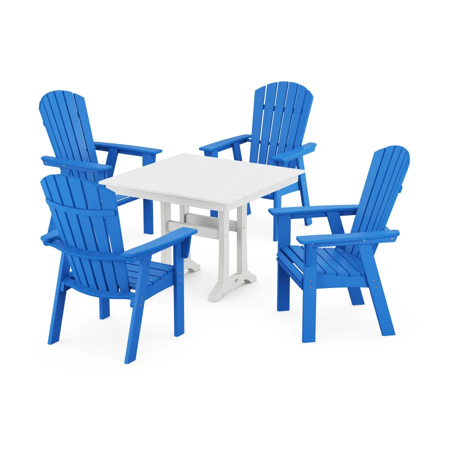 POLYWOOD Nautical Adirondack 5-Piece Farmhouse Dining Set With Trestle Legs in Pacific Blue / White