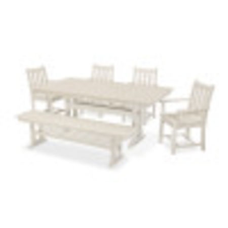 POLYWOOD Traditional Garden 6-Piece Farmhouse Trestle Dining Set with Bench in Sand