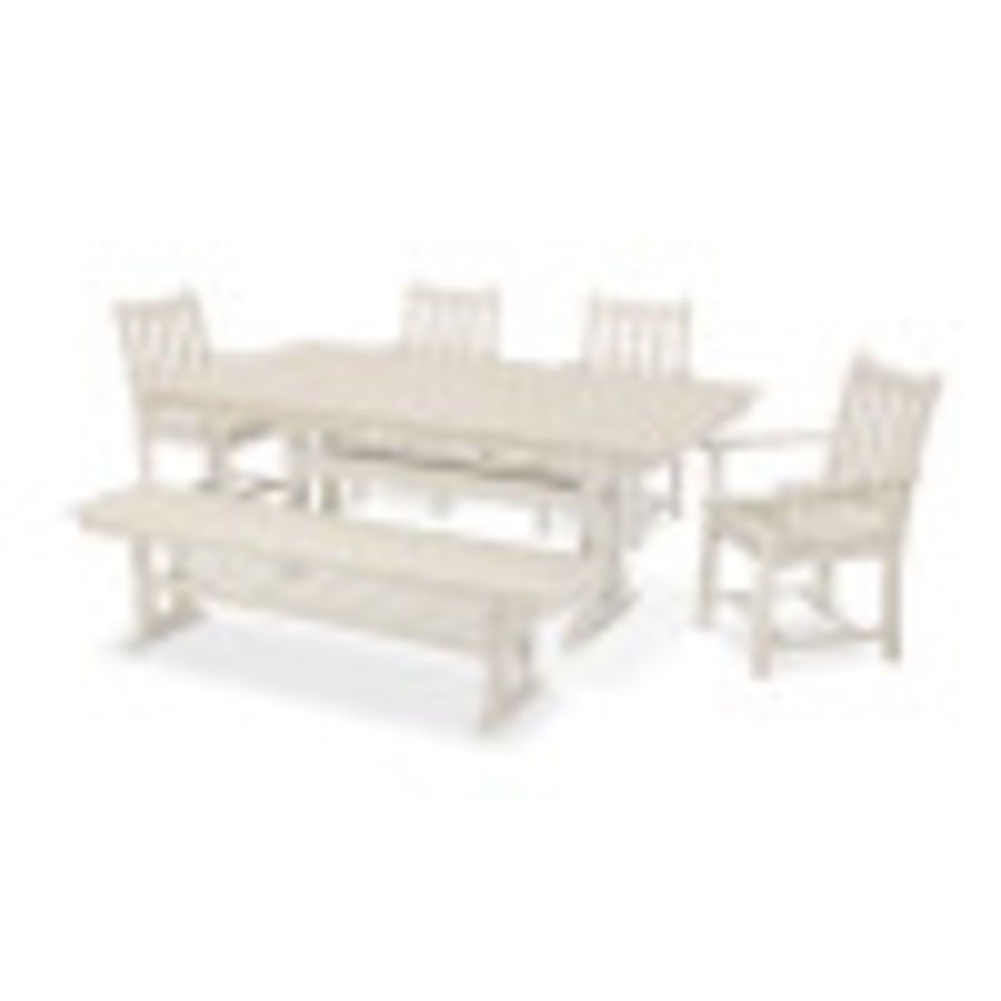 POLYWOOD Traditional Garden 6-Piece Farmhouse Trestle Dining Set with Bench in Sand