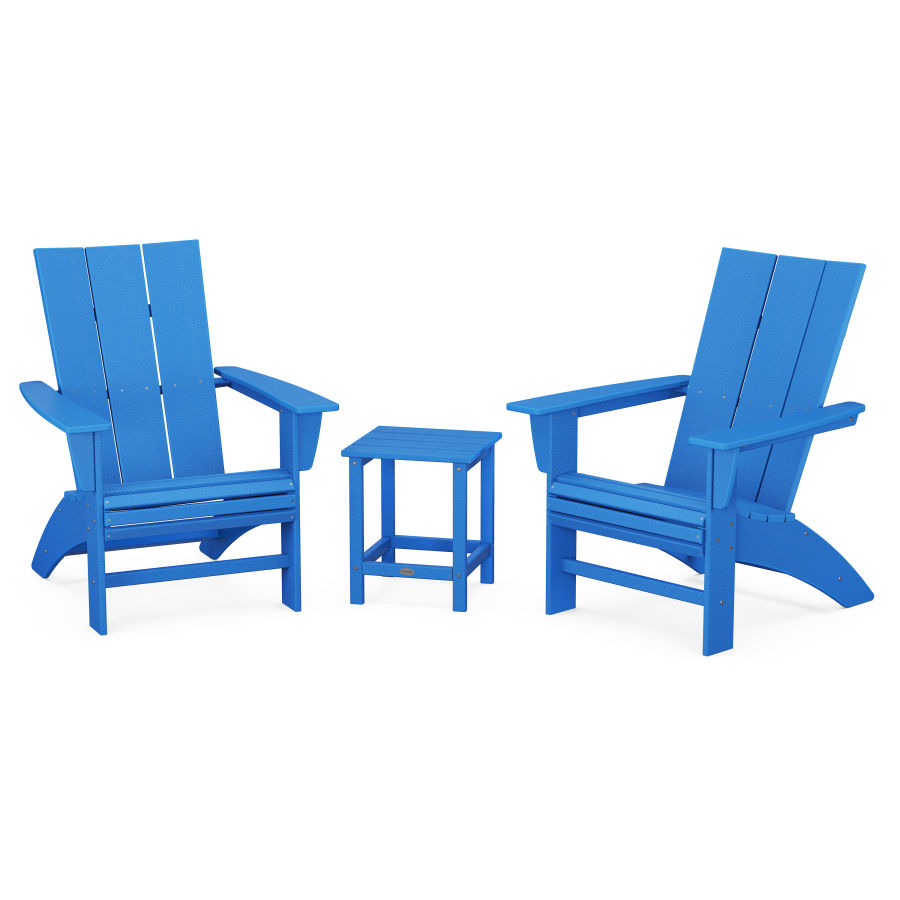 POLYWOOD Modern 3-Piece Curveback Adirondack Set with Long Island 18" Side Table in Pacific Blue