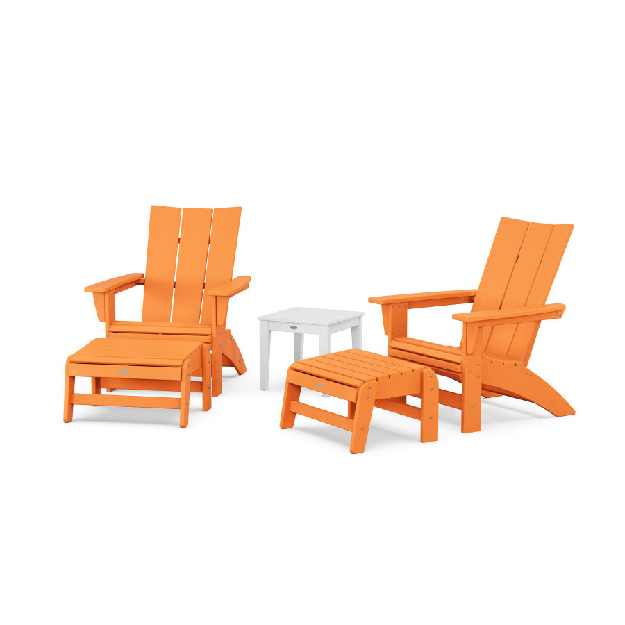 POLYWOOD 5-Piece Modern Grand Adirondack Set with Ottomans and Side Table in Tangerine / White