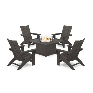 POLYWOOD 5-Piece Modern Grand Adirondack Conversation Set with Fire Pit Table in Vintage Finish