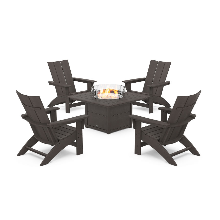 POLYWOOD 5-Piece Modern Grand Adirondack Conversation Set with Fire Pit Table in Vintage Finish