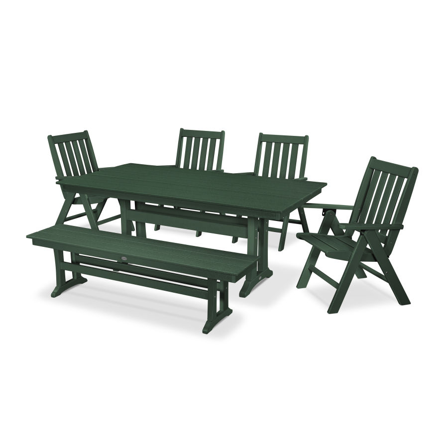 POLYWOOD Vineyard 6-Piece Farmhouse Folding Dining Set with Bench in Green