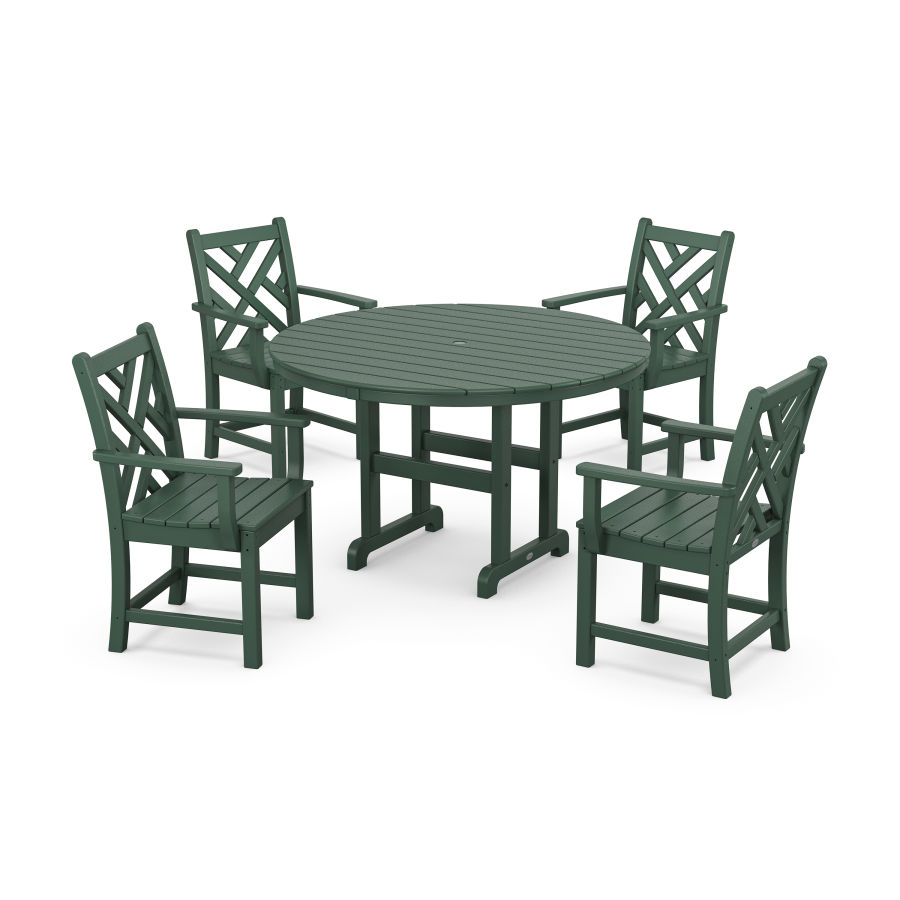 POLYWOOD Chippendale 5-Piece Round Farmhouse Arm Chair Dining Set in Green
