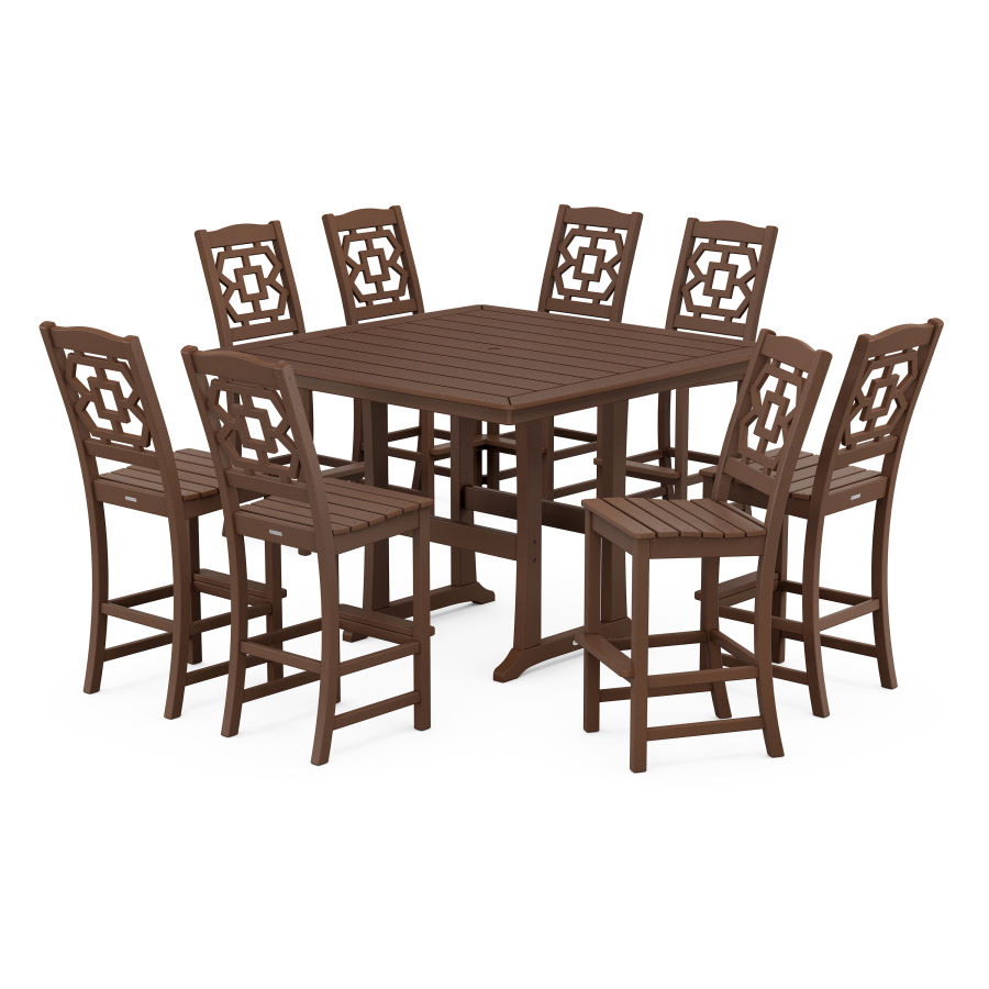 POLYWOOD Chinoiserie 9-Piece Square Side Chair Bar Set with Trestle Legs in Mahogany