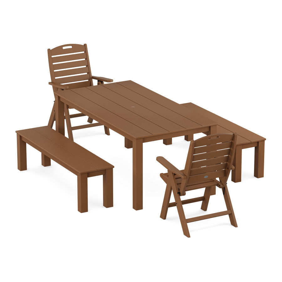 POLYWOOD Nautical Folding Highback Chair 5-Piece Parsons Dining Set with Benches in Teak