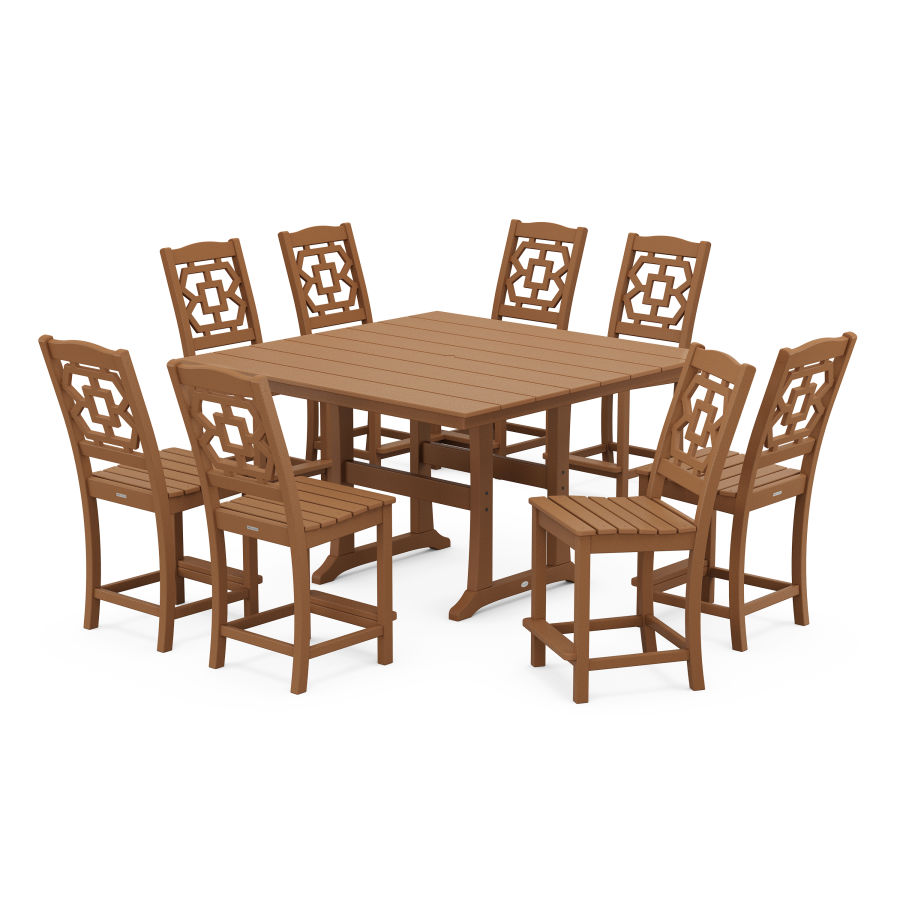 POLYWOOD Chinoiserie 9-Piece Square Farmhouse Side Chair Counter Set with Trestle Legs in Teak